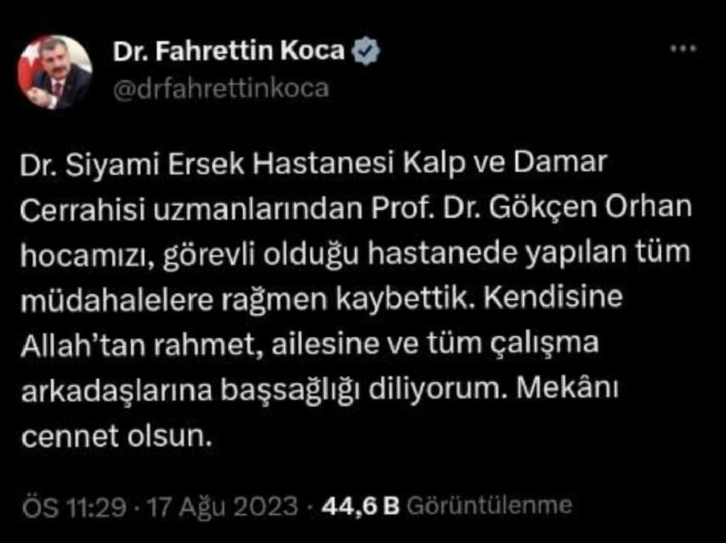 Sıhhat Bakanı Fahrettin Koca, Dr. Siyami Ersek Hastanesi’nden bir hekimin hayatını kaybettiğini duyurdu
