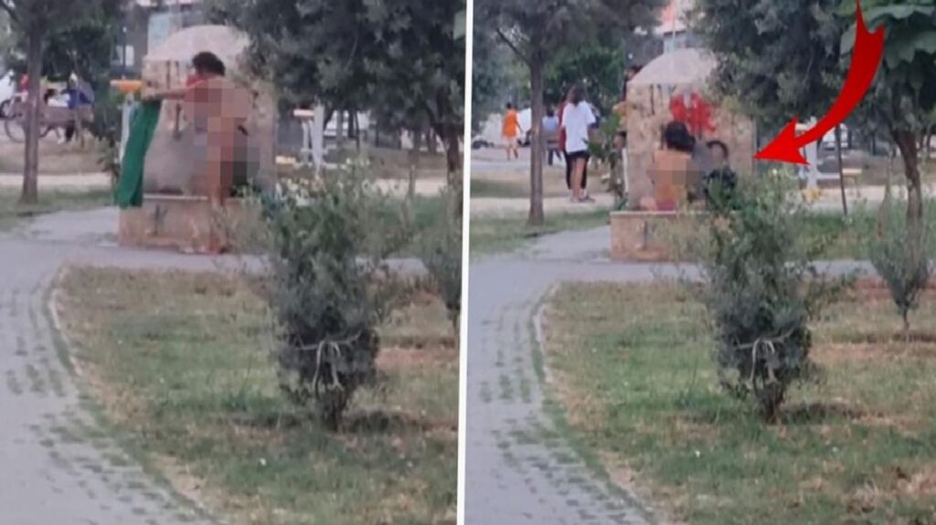 Adana’da unsur bağımlısı bayan parktaki çeşmede herkesin gözü önünde banyo yaptı