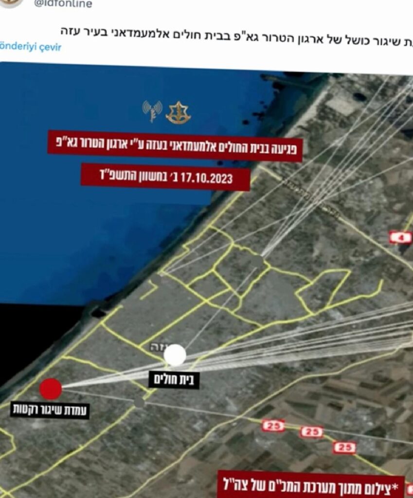 İsrail ordusu hastaneyi roketin vurduğu argümanını bir haritanın kanıtladığını öne sürdü