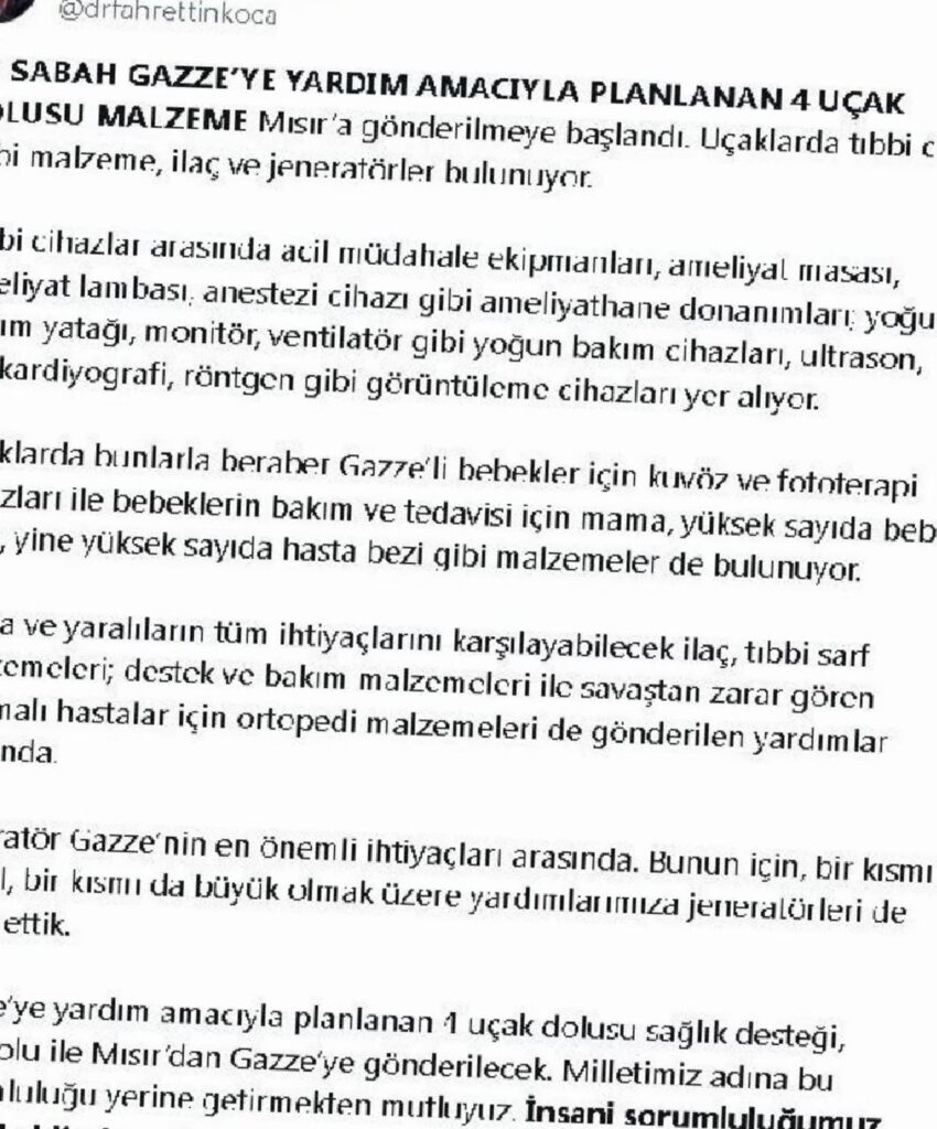 Türkiye, Gazze’ye Sıhhat Gereçleri Gönderdi